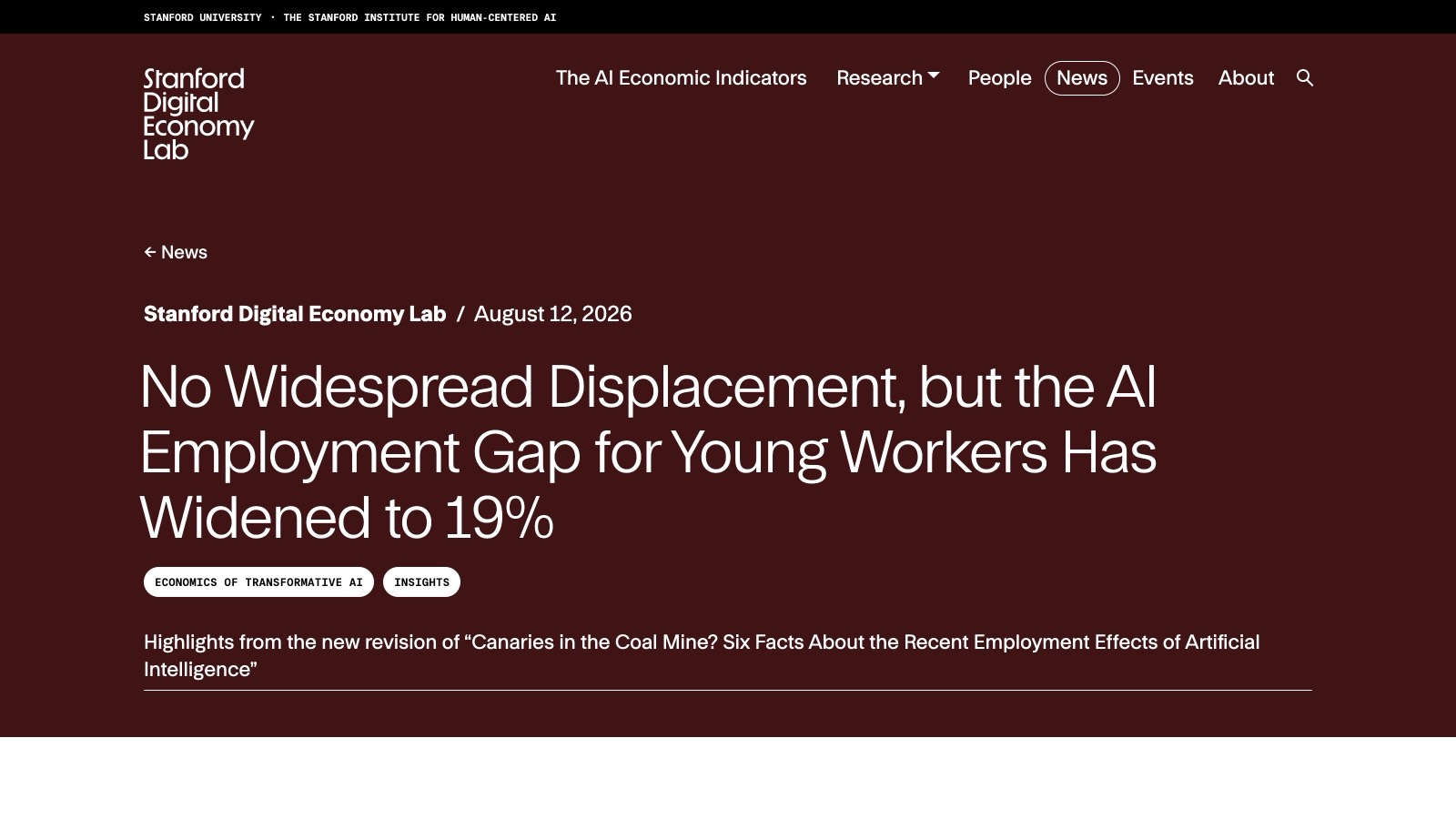 L'annonce du Stanford Digital Economy Lab, publiée le 12 août 2026 : l'écart d'emploi des jeunes travailleurs exposés à l'IA atteint 19 %.