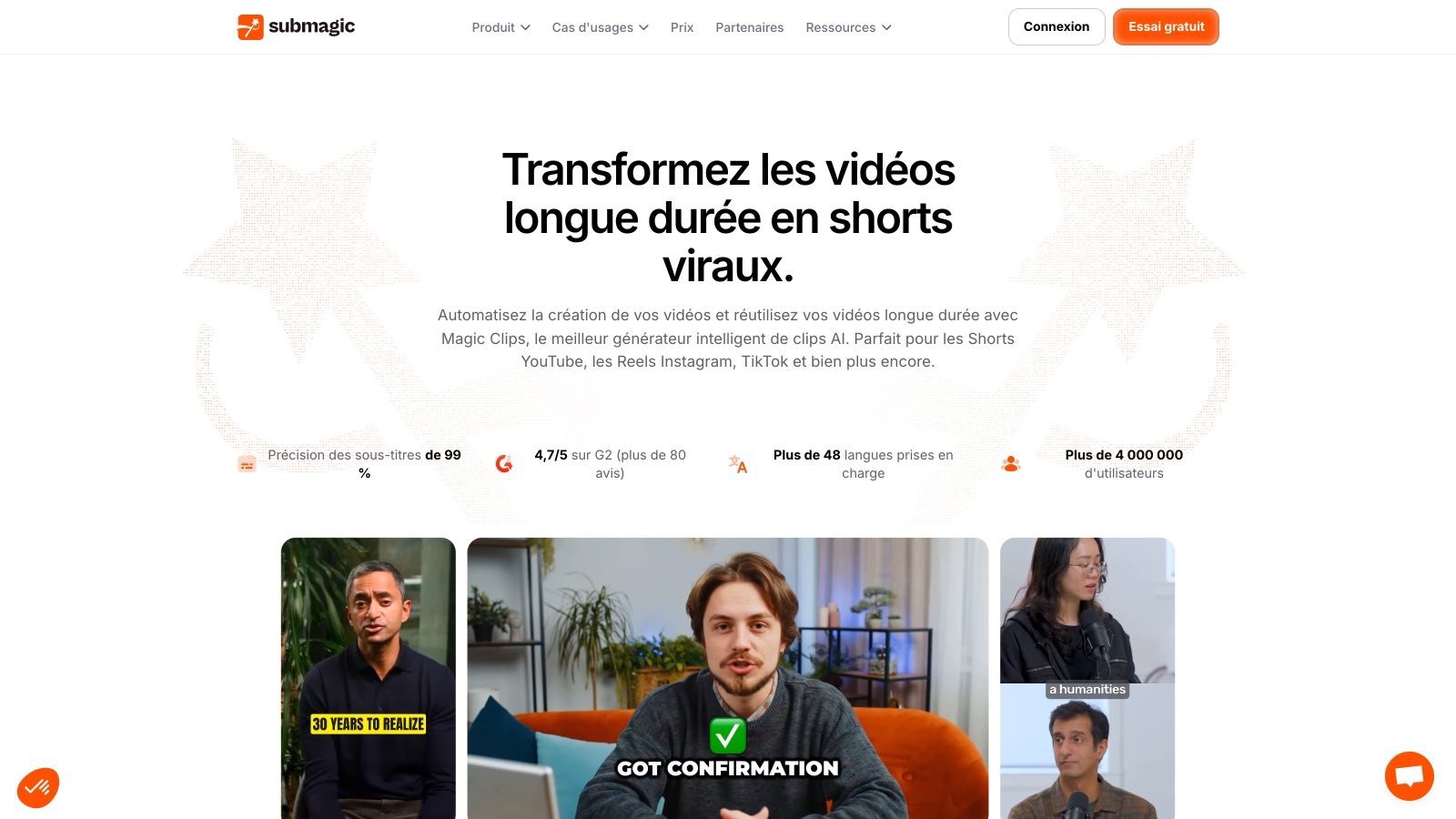 Page Magic Clips de Submagic en français : « Transformez les vidéos longue durée en shorts viraux », avec les chiffres revendiqués par l'éditeur (99 % de précision, plus de 48 langues, plus de 4 millions d'utilisateurs).