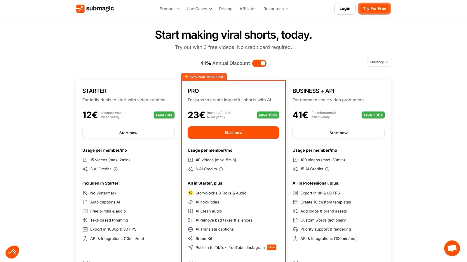 Page de tarifs de Submagic vue depuis la France : prix en euros, mais sélecteur positionné sur la remise annuelle de 41 %, donc 12 € au lieu de 19 € pour le Starter.