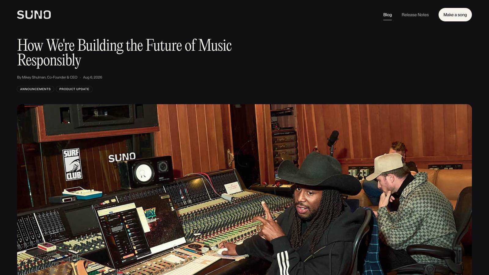 Le billet officiel du 6 août 2026, signé Mikey Shulman sur le blog de Suno : c'est la seule source de première main sur le dispositif.