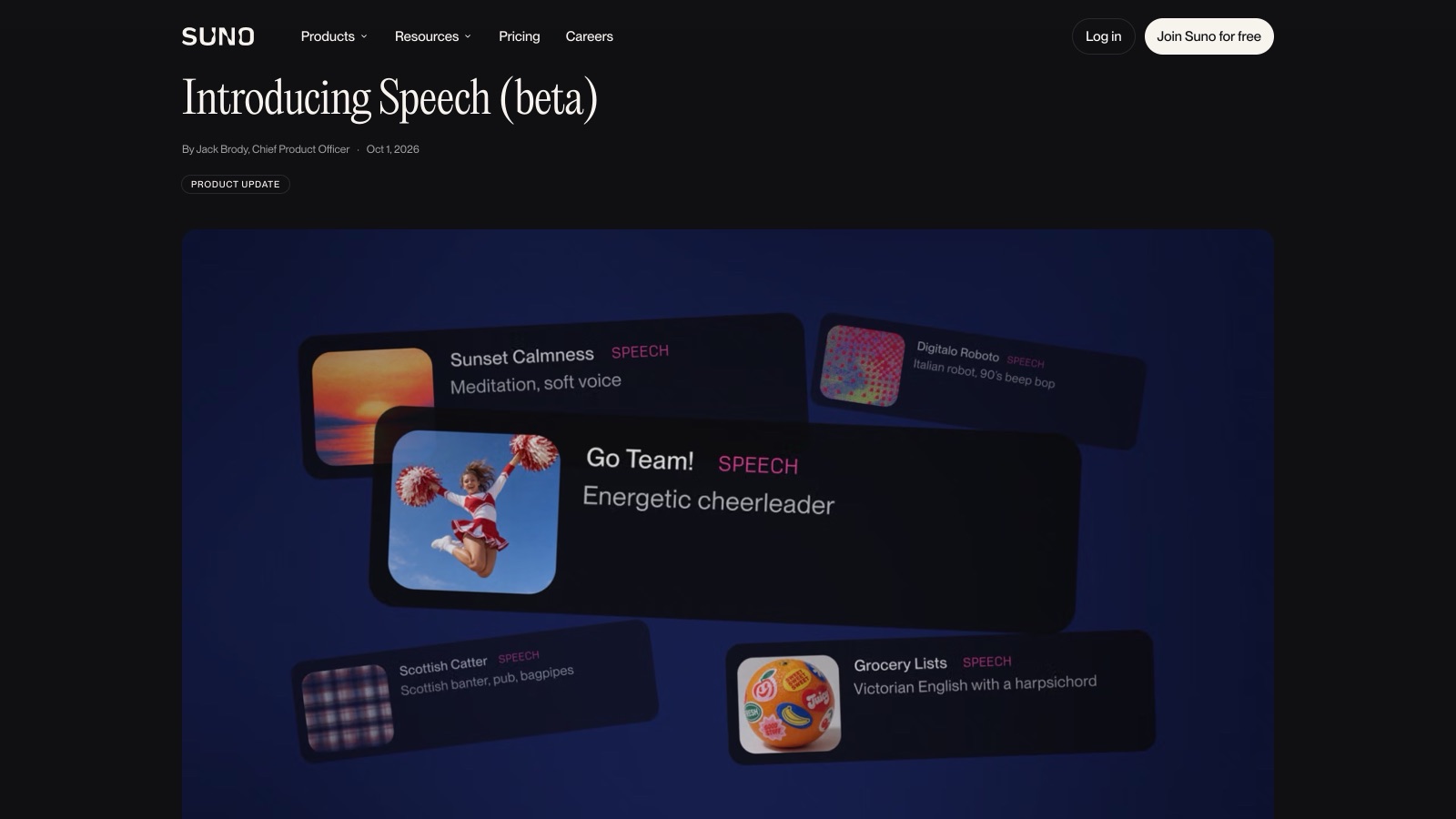 Le billet d'annonce officiel publié par Suno le 1er octobre 2026 : « Introducing Speech (beta) », signé Jack Brody, chief product officer.