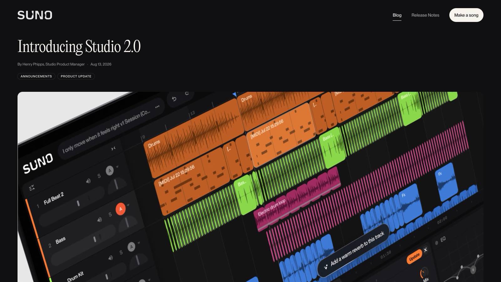Le billet officiel « Introducing Studio 2.0 », signé Henry Phipps sur le blog de Suno le 13 août 2026.
