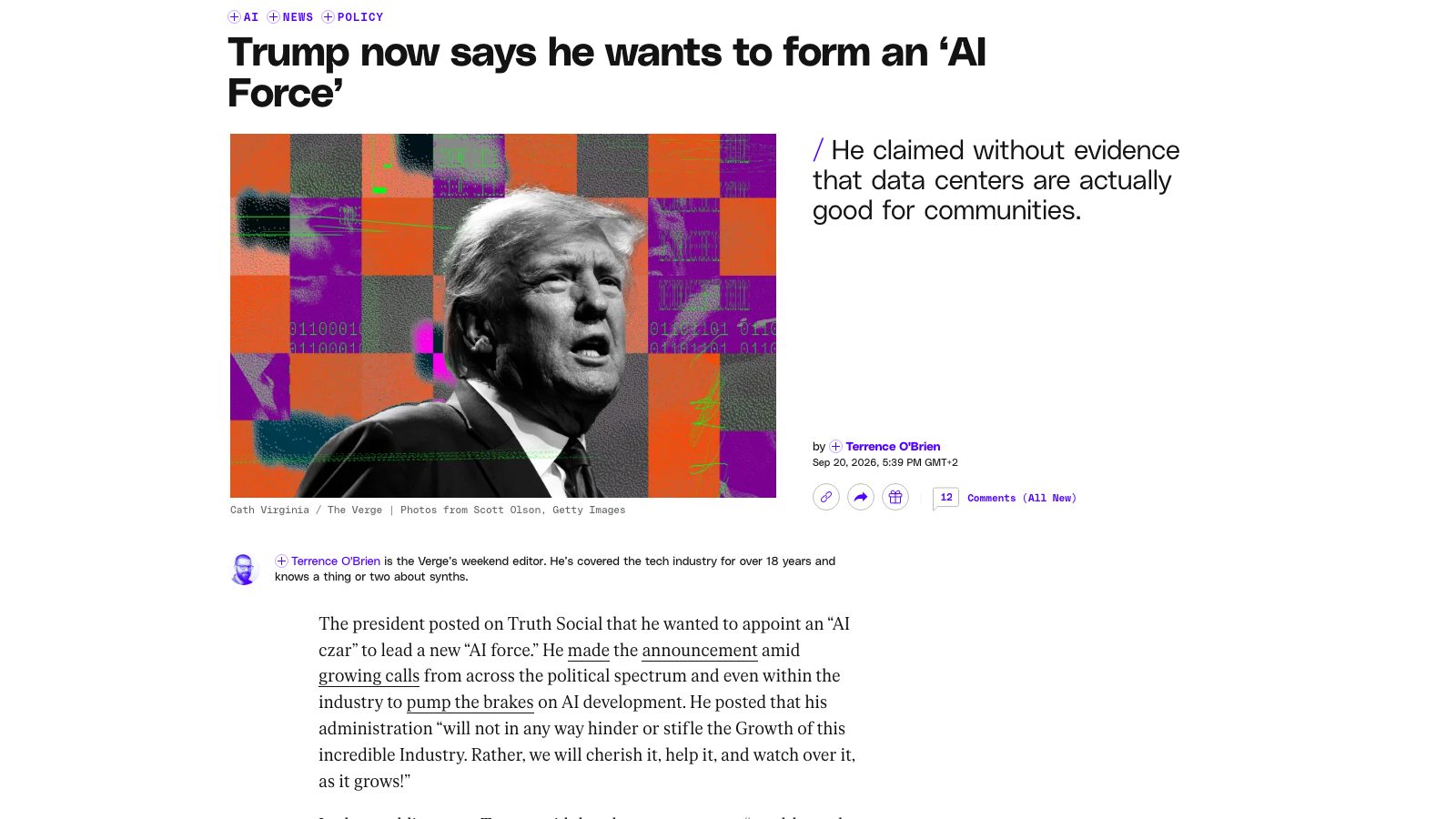 La page de The Verge le dimanche 20 septembre : le titre « Trump now says he wants to form an 'AI Force' » et son sous-titre, qui rappelle que Trump affirme sans preuve que les data centers sont une bonne chose pour les communautés (capture d'écran).