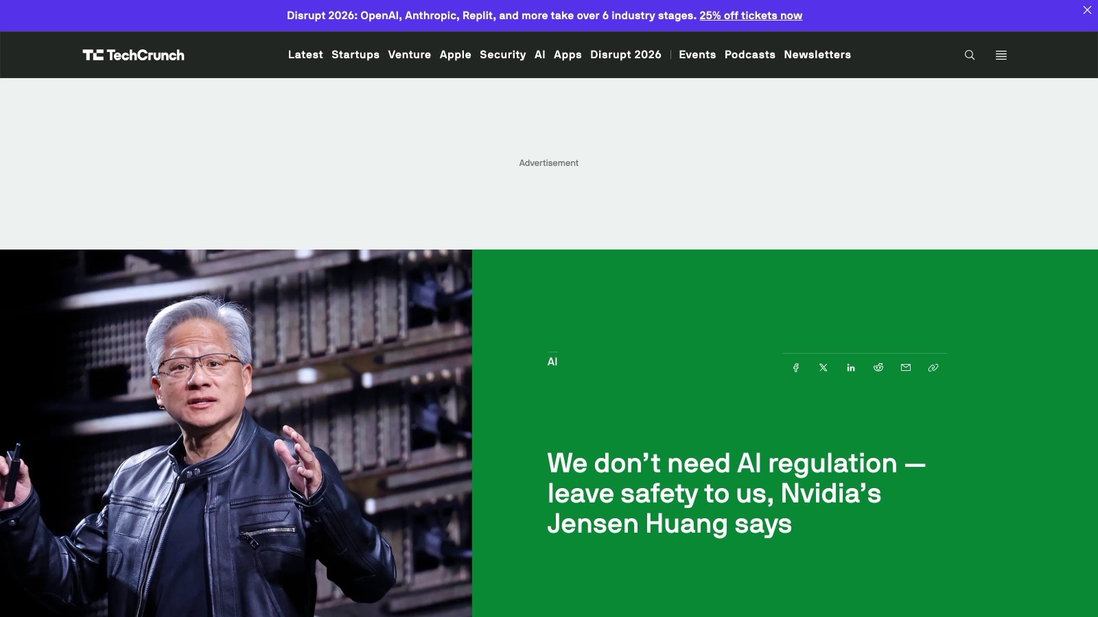 La couverture de TechCrunch du mardi 15 septembre 2026, consacrée aux propos de Jensen Huang à Dreamforce.