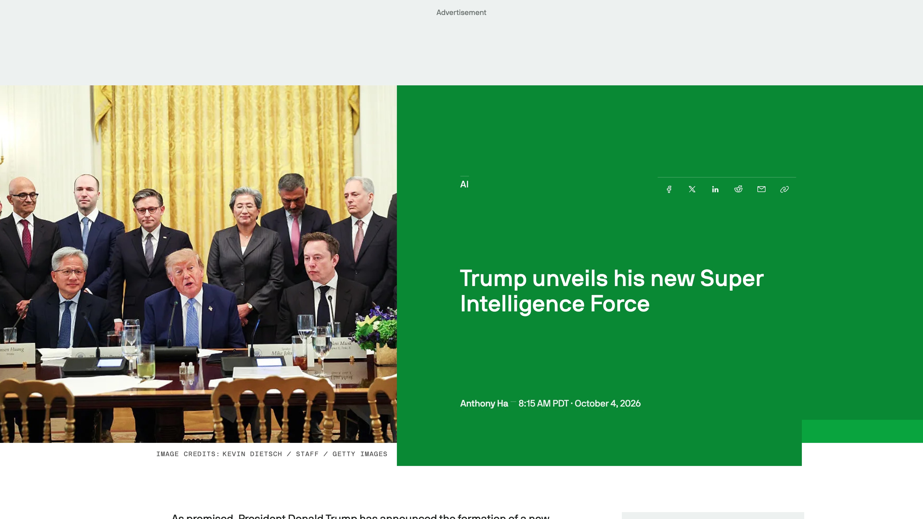 L'article de TechCrunch publié le dimanche 4 octobre 2026, signé Anthony Ha : l'annonce de la « Super Intelligence Force » et la structure révélée par le Wall Street Journal (capture d'écran).