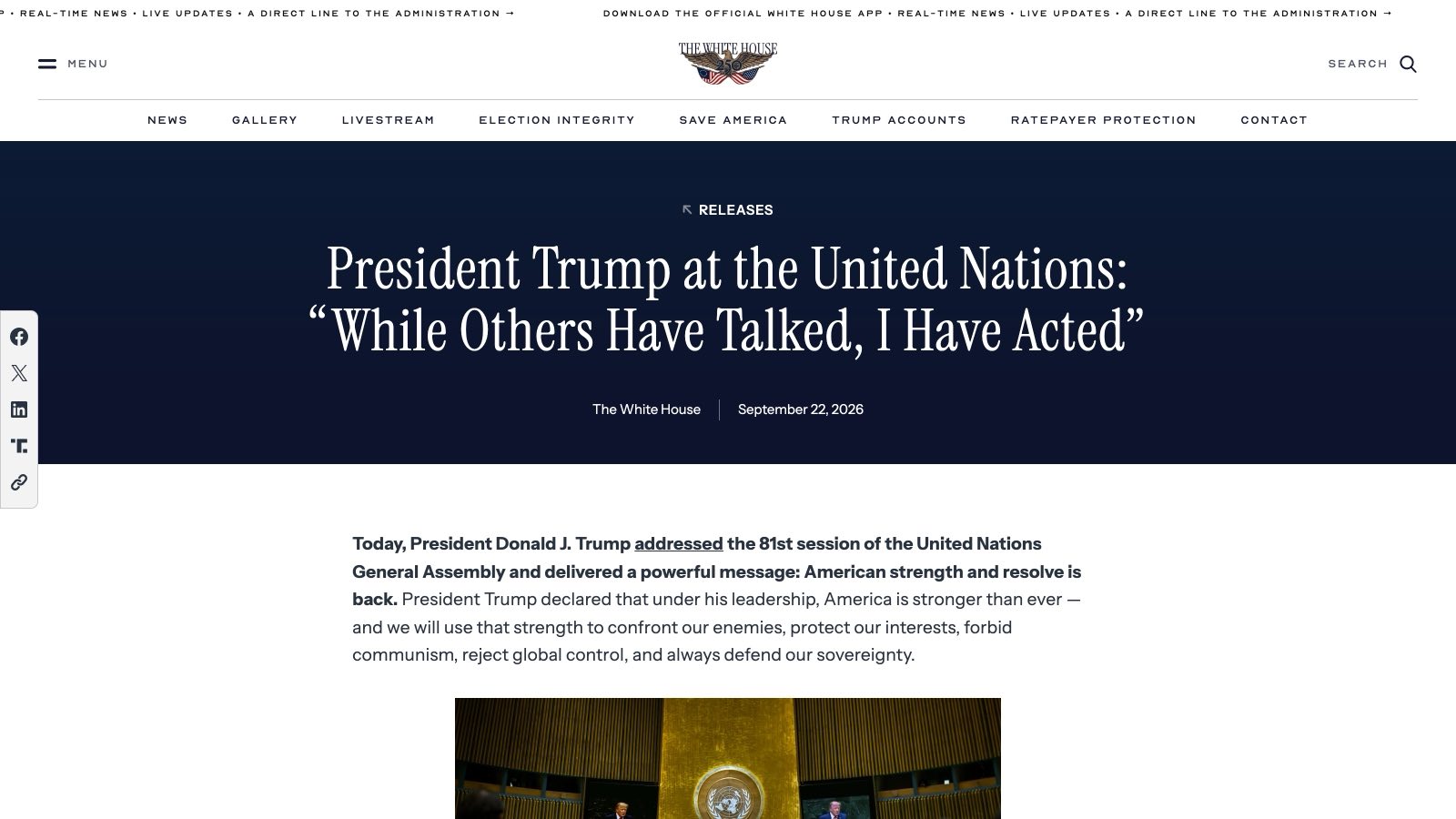 Le communiqué officiel de la Maison-Blanche qui compile les moments forts du discours de Donald Trump à l'ONU, daté du 22 septembre 2026 (capture d'écran).