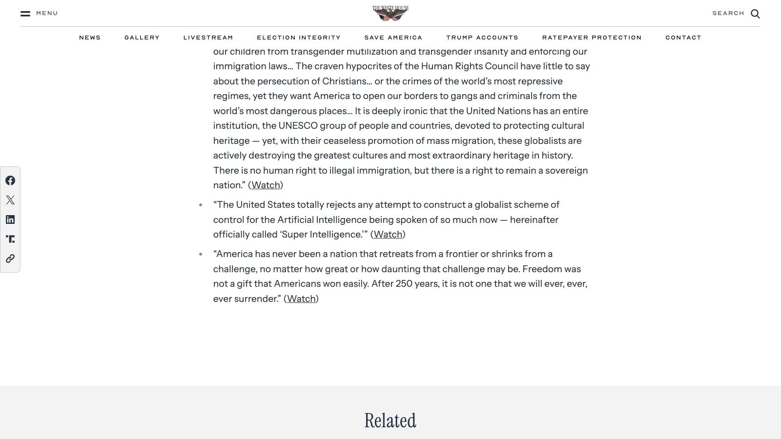 Le résumé officiel du discours publié par la Maison-Blanche le 22 septembre 2026, avec la phrase exacte du renommage : « hereinafter officially called Super Intelligence » (capture d'écran).
