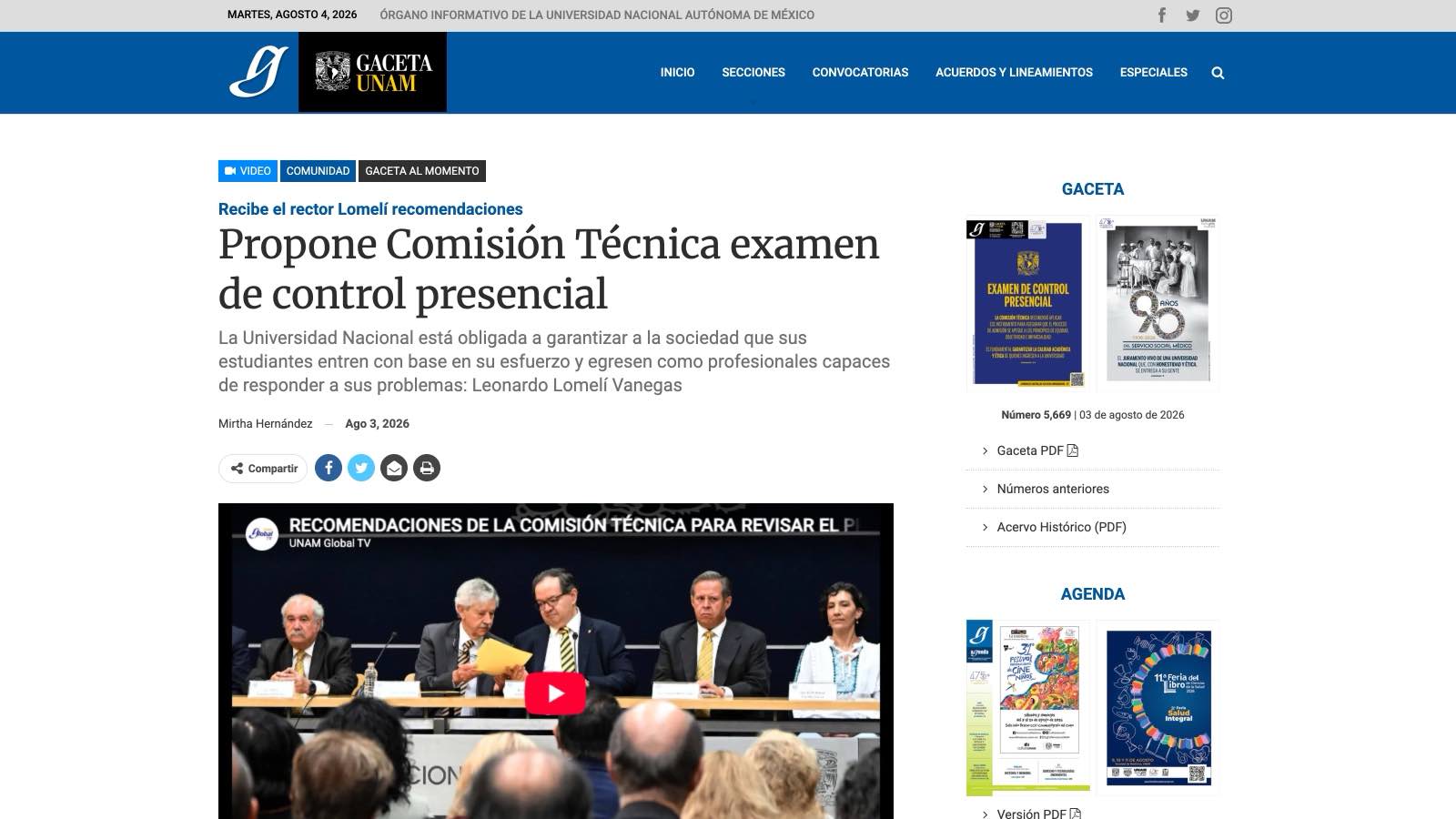 La Gaceta UNAM du 3 août 2026 annonce l'examen de contrôle en présentiel recommandé par la commission technique.