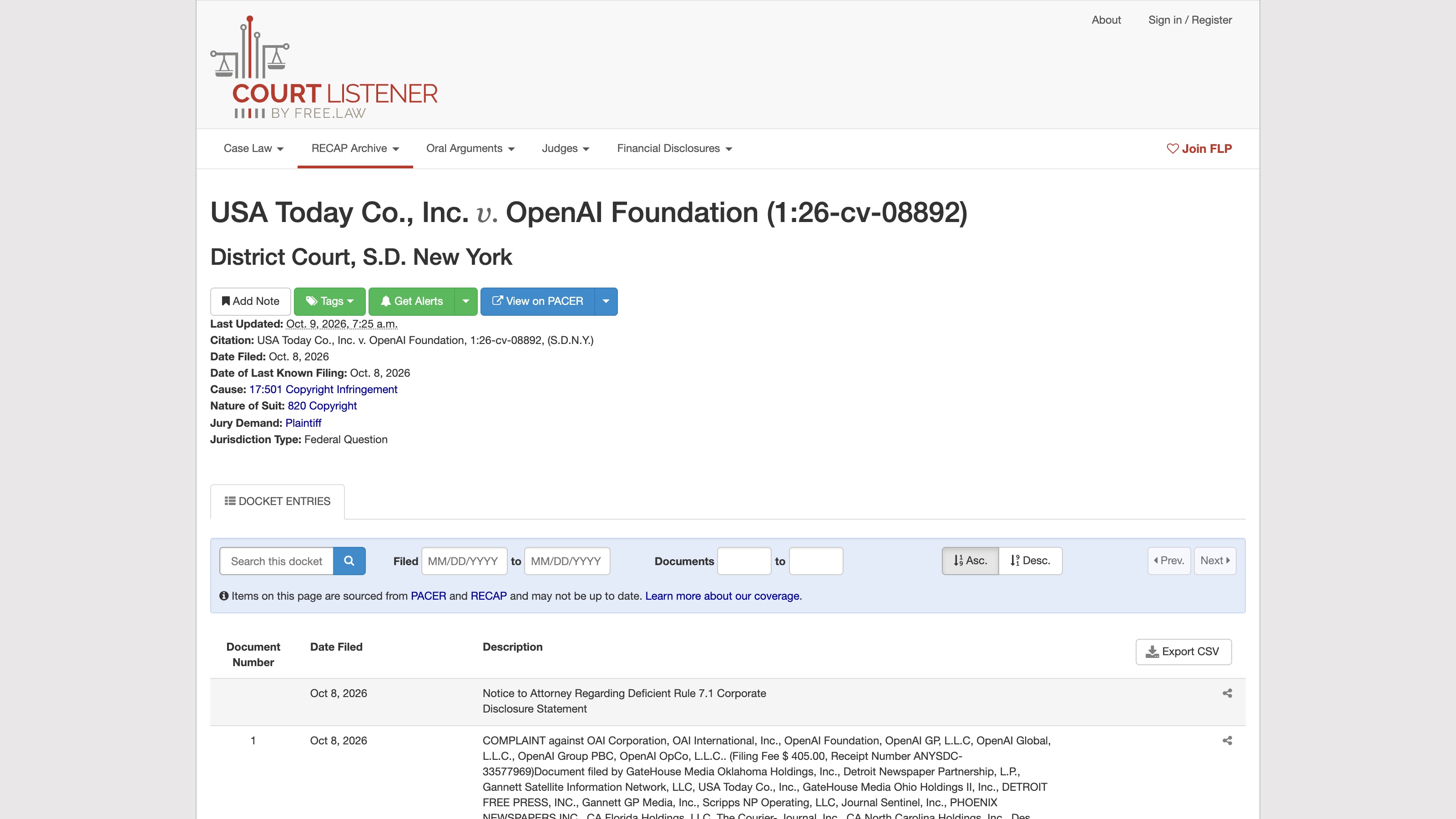 Le docket CourtListener du dossier USA Today Co., Inc. v. OpenAI Foundation (1:26-cv-08892) : plainte déposée le 8 octobre 2026 devant le tribunal fédéral du district sud de New York, jury demandé par les plaignants.