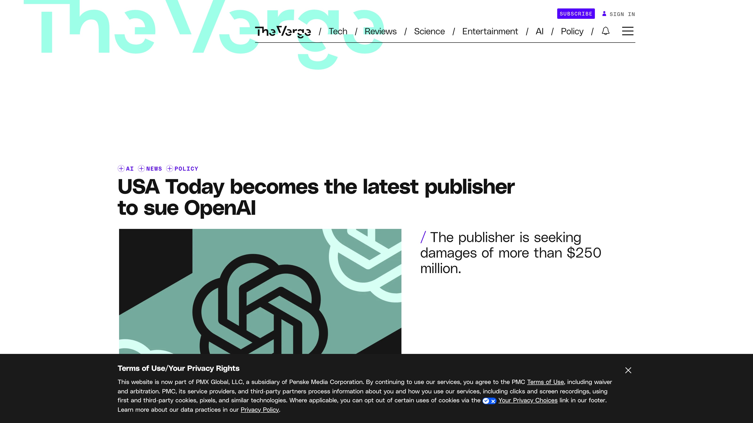 L'article de The Verge du 8 octobre 2026, « USA Today becomes the latest publisher to sue OpenAI », qui a relayé l'annonce initiale de Reuters.
