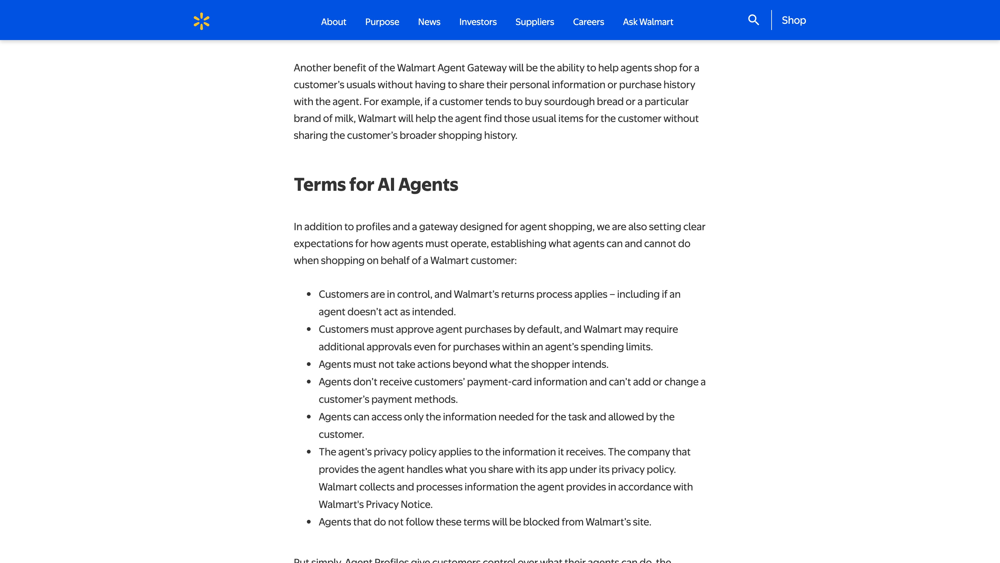 La liste « Terms for AI Agents » du communiqué de Walmart du 21 octobre 2026 : sept puces, de la procédure de retour au blocage des agents non conformes.