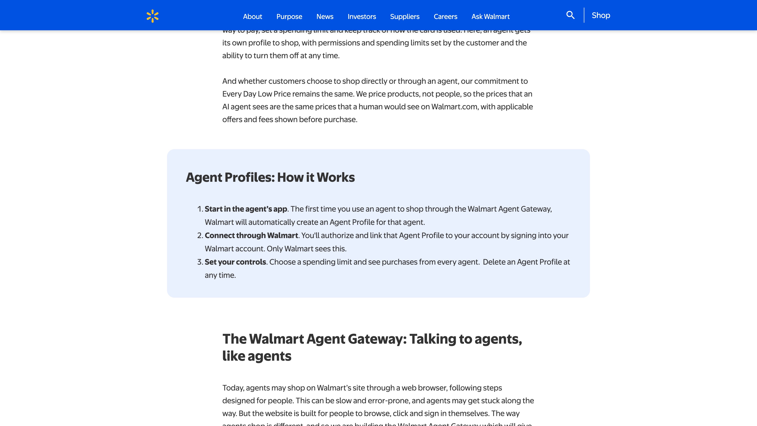Dans le communiqué de Walmart du 21 octobre 2026 : l'encadré « Agent Profiles: How it Works » et l'engagement sur des prix identiques pour les agents et les humains.