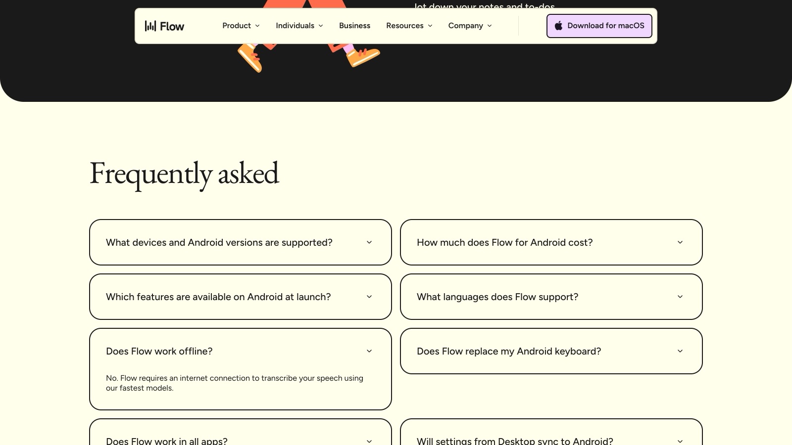FAQ officielle de la page Android de Wispr Flow : la réponse à « Does Flow work offline ? » est un non sans nuance.