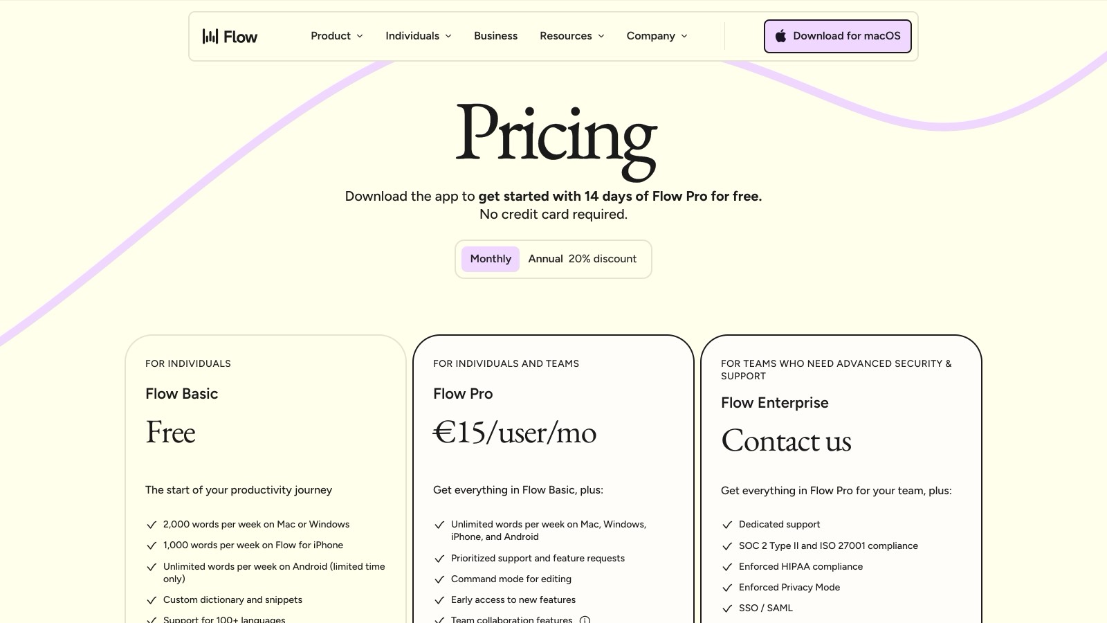 Page de tarifs de Wispr Flow, sélecteur basculé sur « Monthly » : Flow Pro s'affiche à 15 € par utilisateur et par mois.