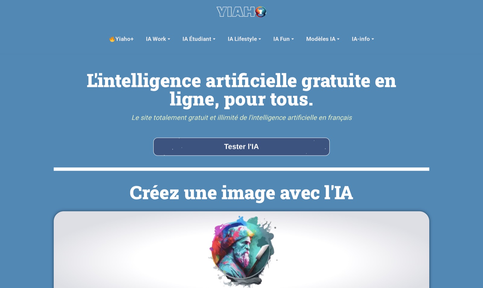 Page d'accueil de Yiaho : « L'intelligence artificielle gratuite en ligne, pour tous », sans inscription.