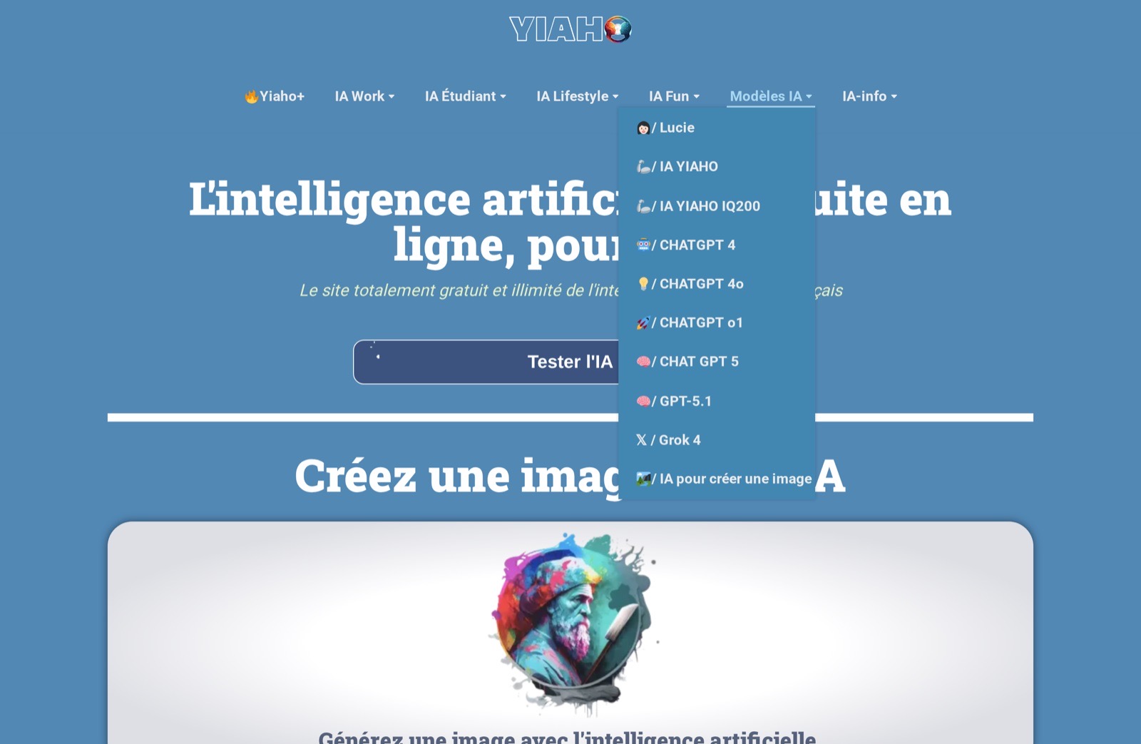 Le menu « Modèles IA » de Yiaho : ChatGPT (4, 4o, o1, 5), GPT-5.1, Grok 4, génération d'images et assistants maison (Lucie, IA YIAHO).