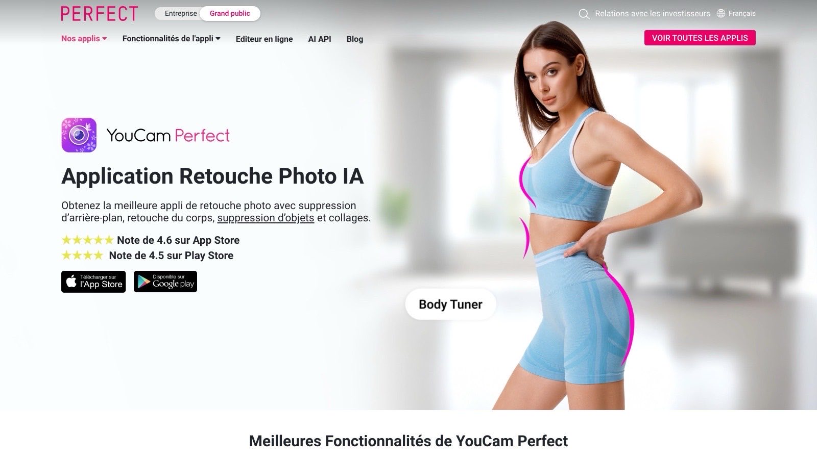 Page produit officielle en français : « Application Retouche Photo IA », avec l'Assistant IA et la retouche corps.