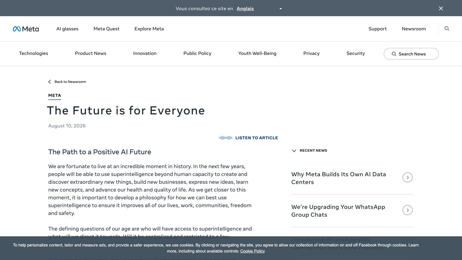 L'essai « The Future is for Everyone » sur la salle de presse de Meta, daté du 10 août 2026.