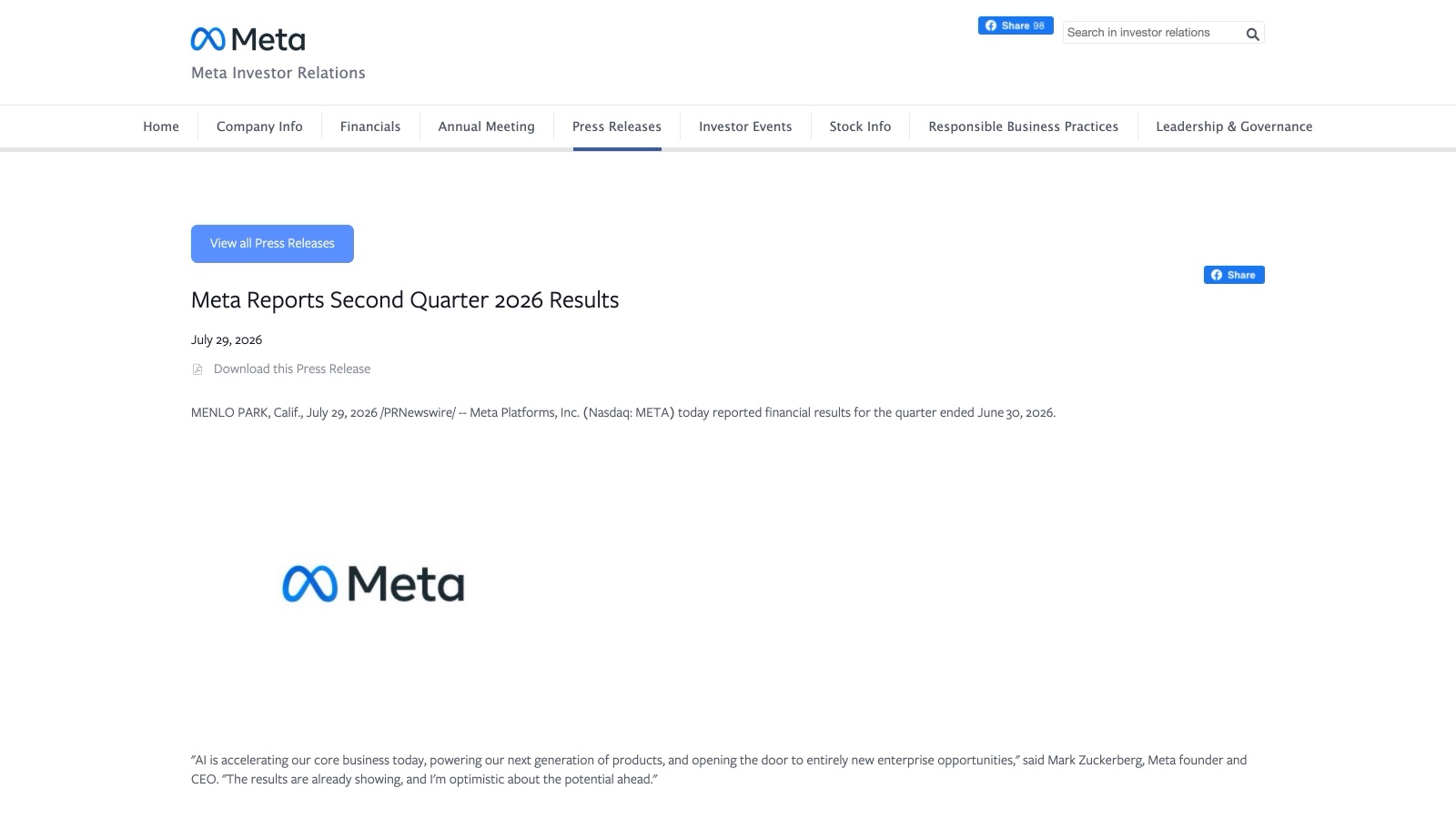 Le communiqué officiel de Meta, publié le 29 juillet 2026, ouvre sur une citation de Zuckerberg : « L'IA accélère notre activité principale aujourd'hui. »